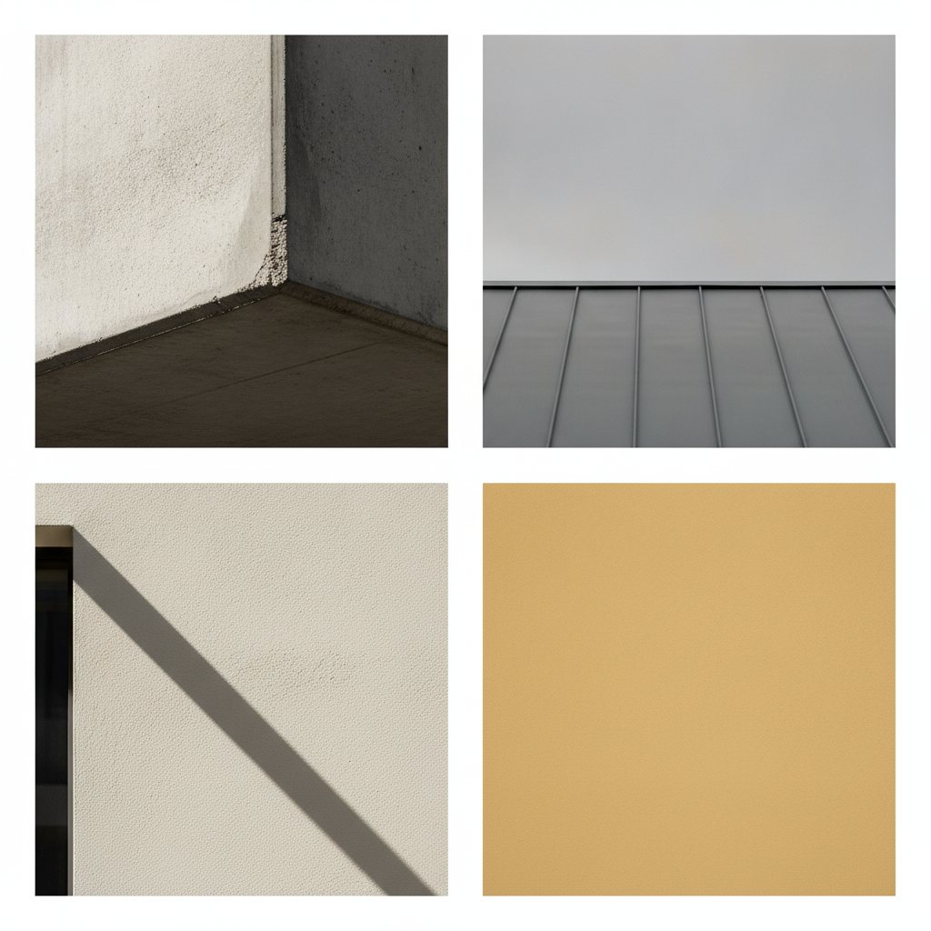 Moodboard — kühle, orthogonale Architekturfotografie mit einem warmen Goldakzent